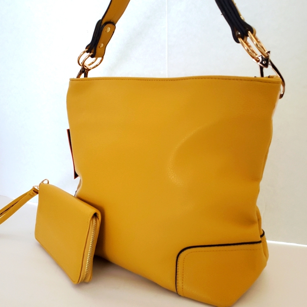 Diophy Classic Corner Patched Yellow  Leather Hobo Bag Wallet Included